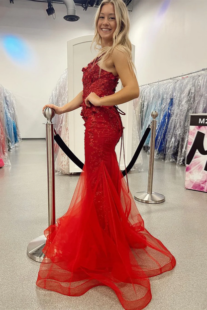 Sheath Mermaid  Sweep/Brush Train Dresses 3D Flowers Straps V Neck Long Prom Dress