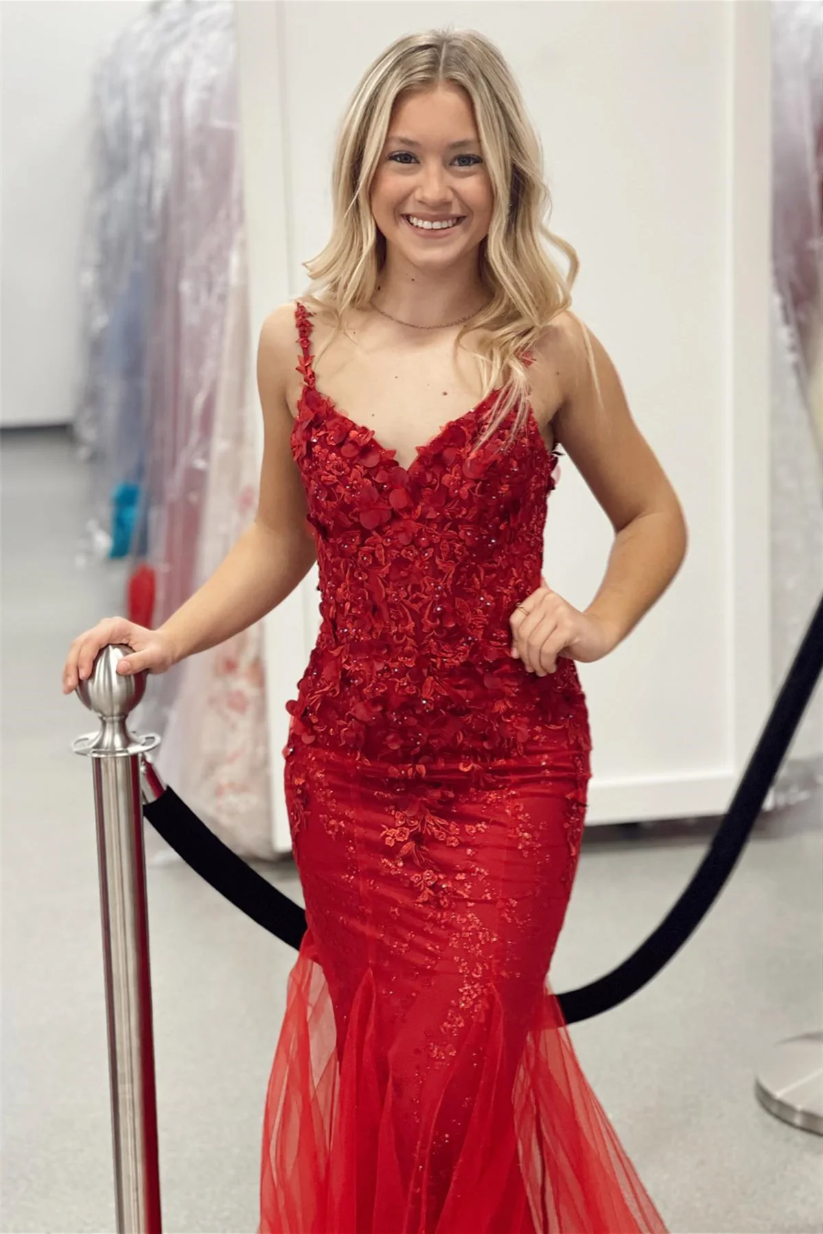 Sheath Mermaid  Sweep/Brush Train Dresses 3D Flowers Straps V Neck Long Prom Dress