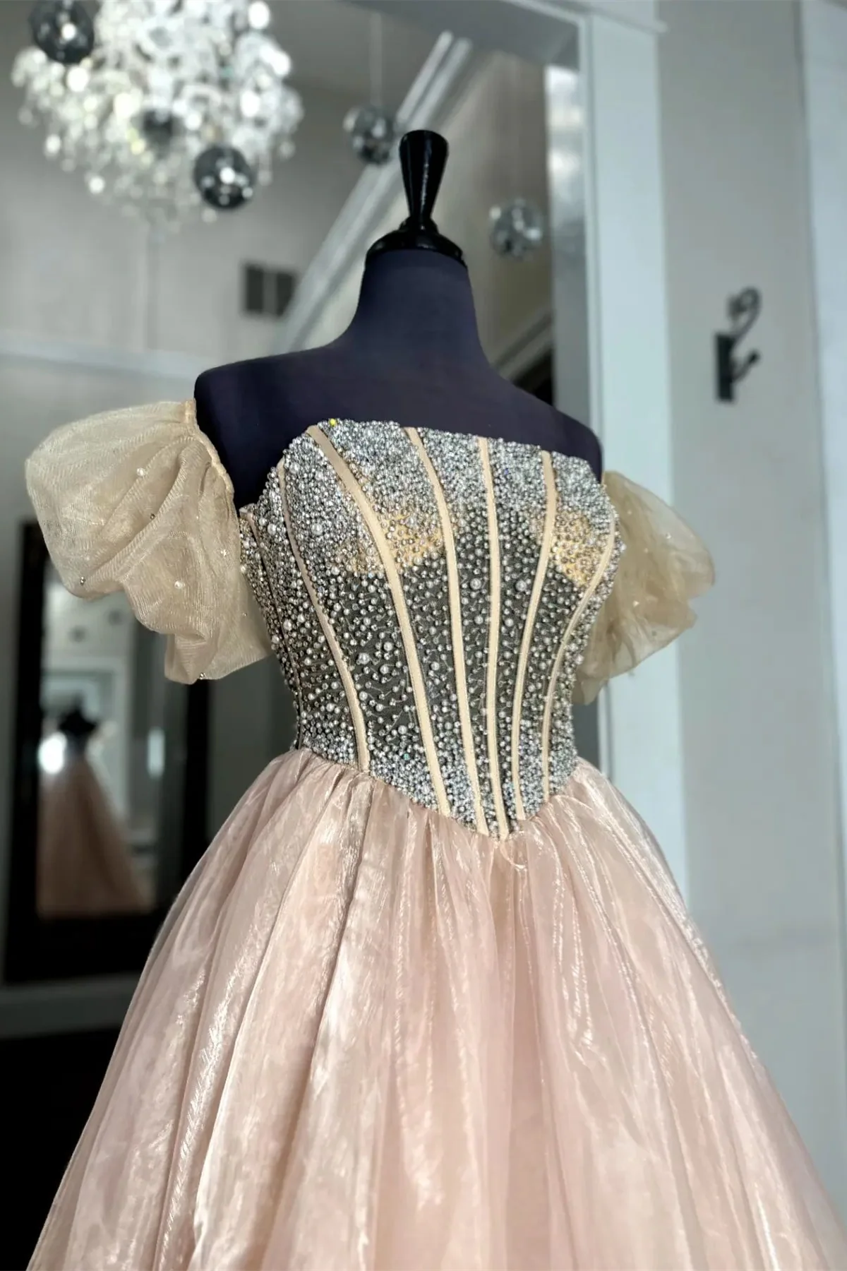 Evening Dress Puff Off-the-Shoulder Floor Length Beaded Organza Long Prom Dress