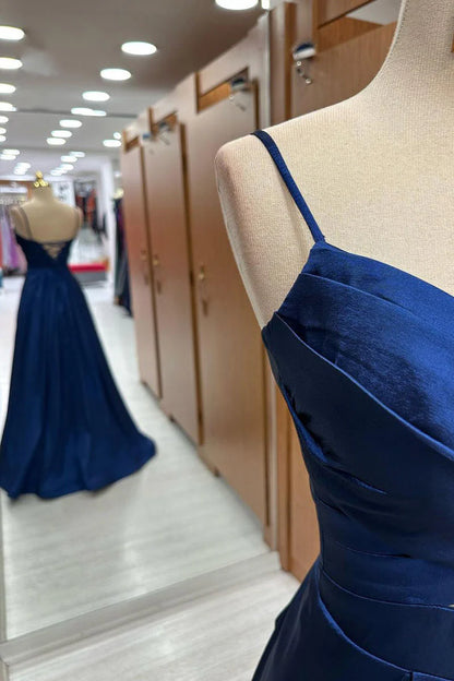 Sweep/Brush Train Dresses Pleated Straps Cut-Out Satin Long Prom Dress