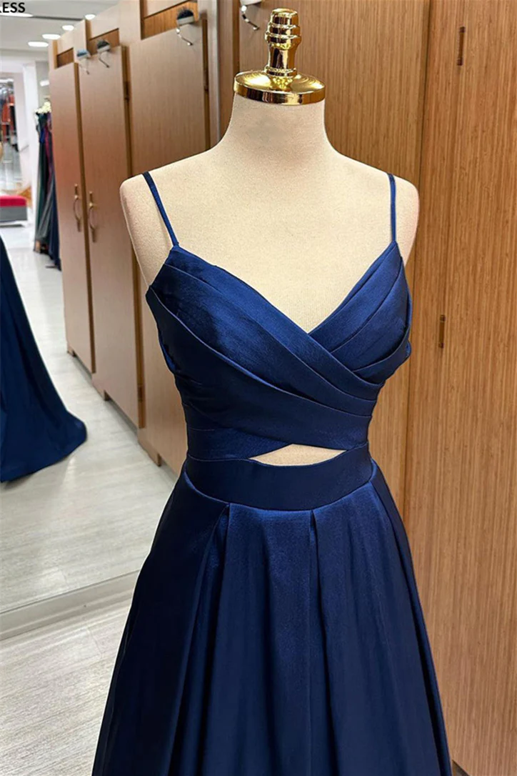 Sweep/Brush Train Dresses Pleated Straps Cut-Out Satin Long Prom Dress