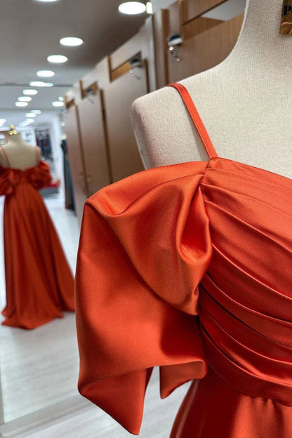 Sweep/Brush Train Dresses Off-the-Shoulder Straps Pleated Satin Long Prom Dress