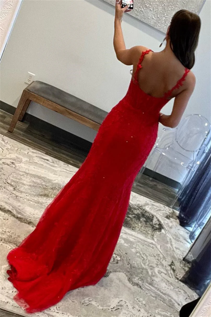 Sweep/Brush Train Dresses Halter Flower Straps Appliques Mermaid Tulle Long Prom Dress