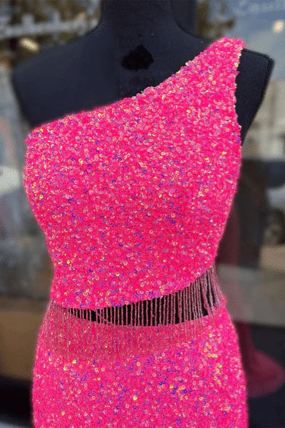 Sweep/Brush Train Dresses Sequins One Shoulder Cut-Out Tassels Long Prom Dress with Slit