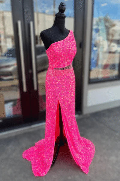 Sweep/Brush Train Dresses Sequins One Shoulder Cut-Out Tassels Long Prom Dress with Slit
