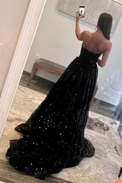 Sweep/Brush Train Dresses Plunging V Neck Sequins-Embroidered Strapless Long Prom Dress