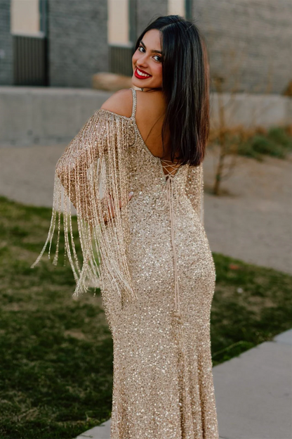 Sleek Glitter Sparking Off-the-Shoulder Floor Length Long Sleeves Sequins Long Prom Dress with Tassels