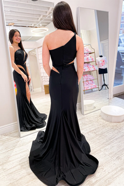 Sheath Mermaid One Shoulder Sweep/Brush Train Dresses Cut-Out Satin Long Prom Dress with Silt