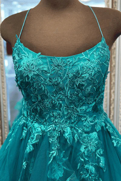 Evening Gown Layers Scoop Neck Straps Appliques Tiered Tulle Long Prom Dress