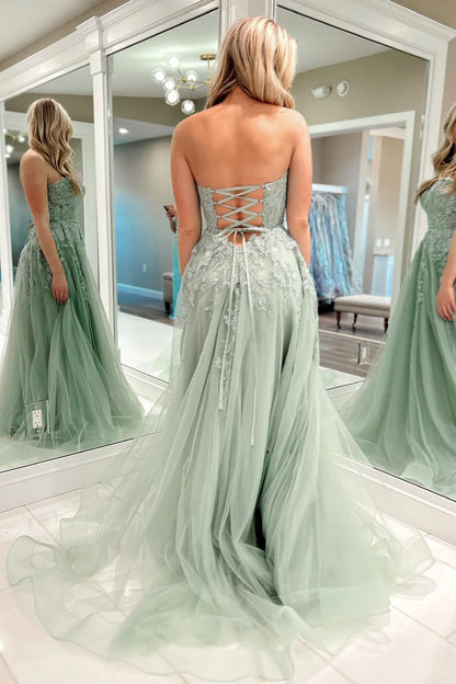 Sweep/Brush Train Dresses Lace-Up Strapless Appliques Tulle Long Prom Dress with Slit