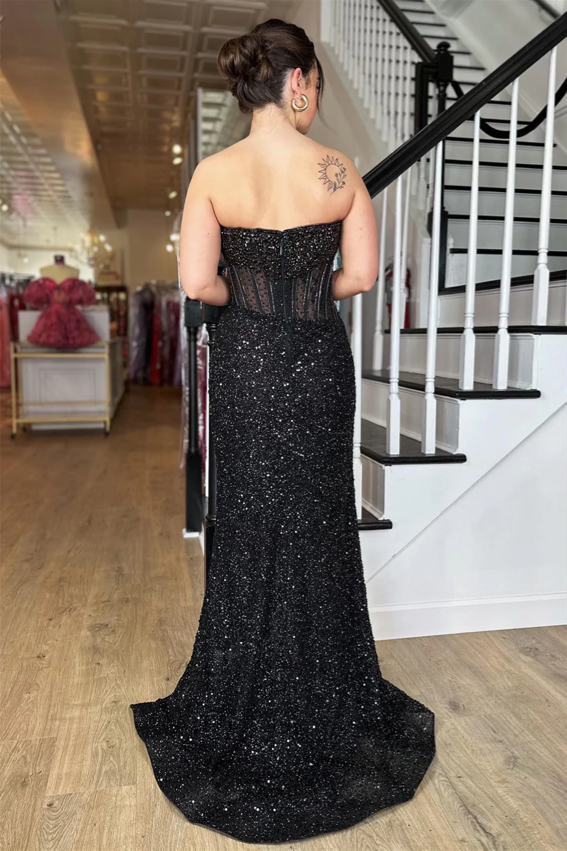 Sheath Sweep/Brush Train Dresses Strapless Mermaid Sequins Long Prom Dress with Slit