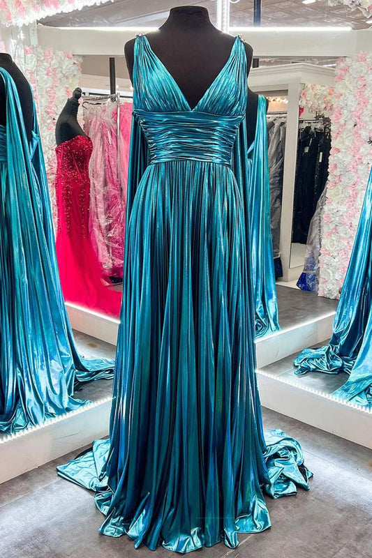 Sweep/Brush Train Dresses V-Neck Metallic Pleated Malachite Blue Prom Dress with Cape