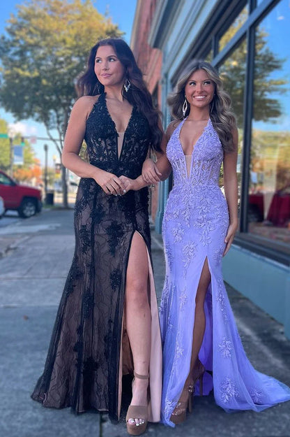 Sweep/Brush Train Dresses Sheath Halter Neck  Lace Corset Slit Long Prom Dress with Appliques