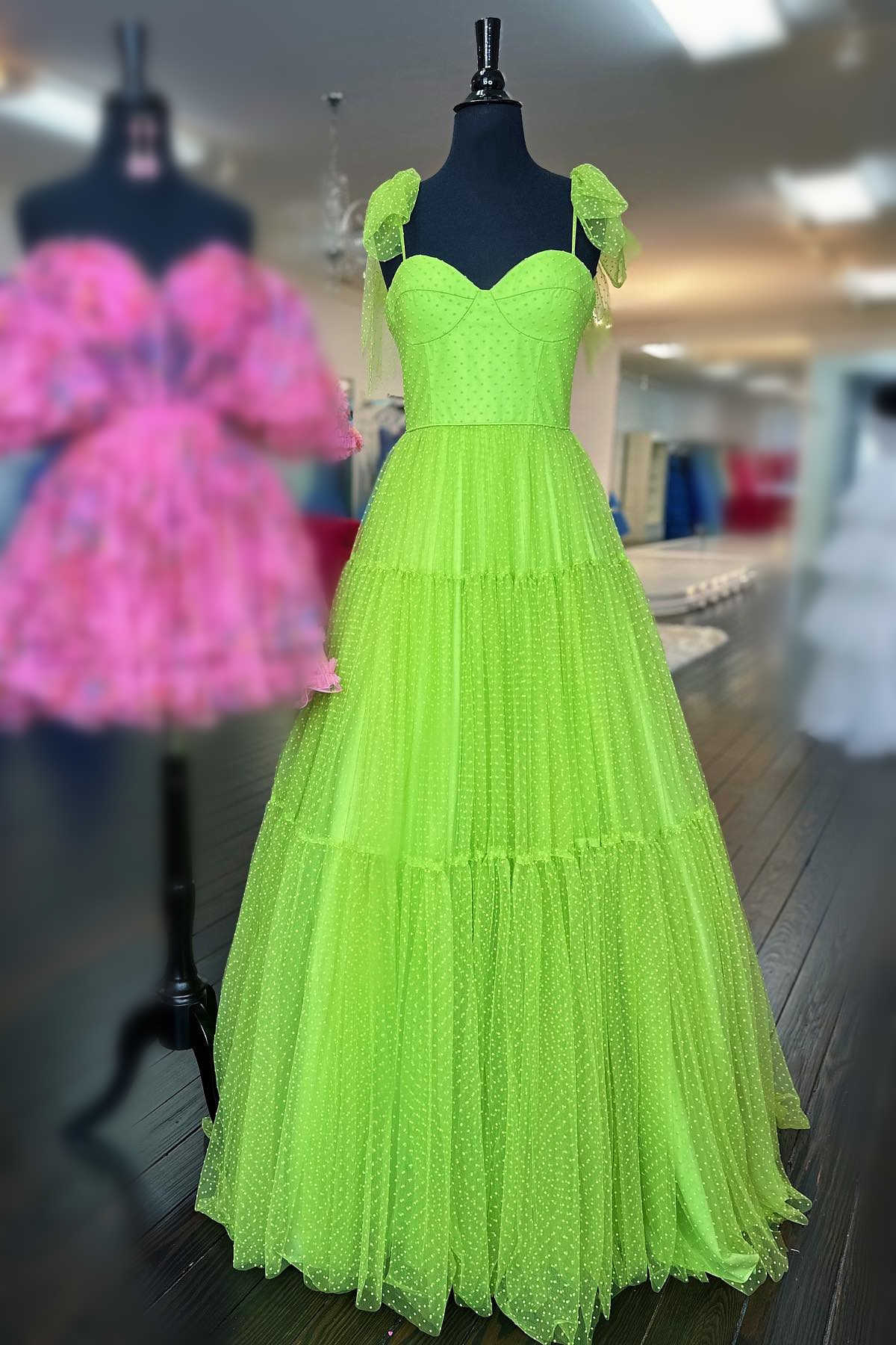 A-Line Floor Length  Swiss Dot Tulle Prom Dress with Bow Tie