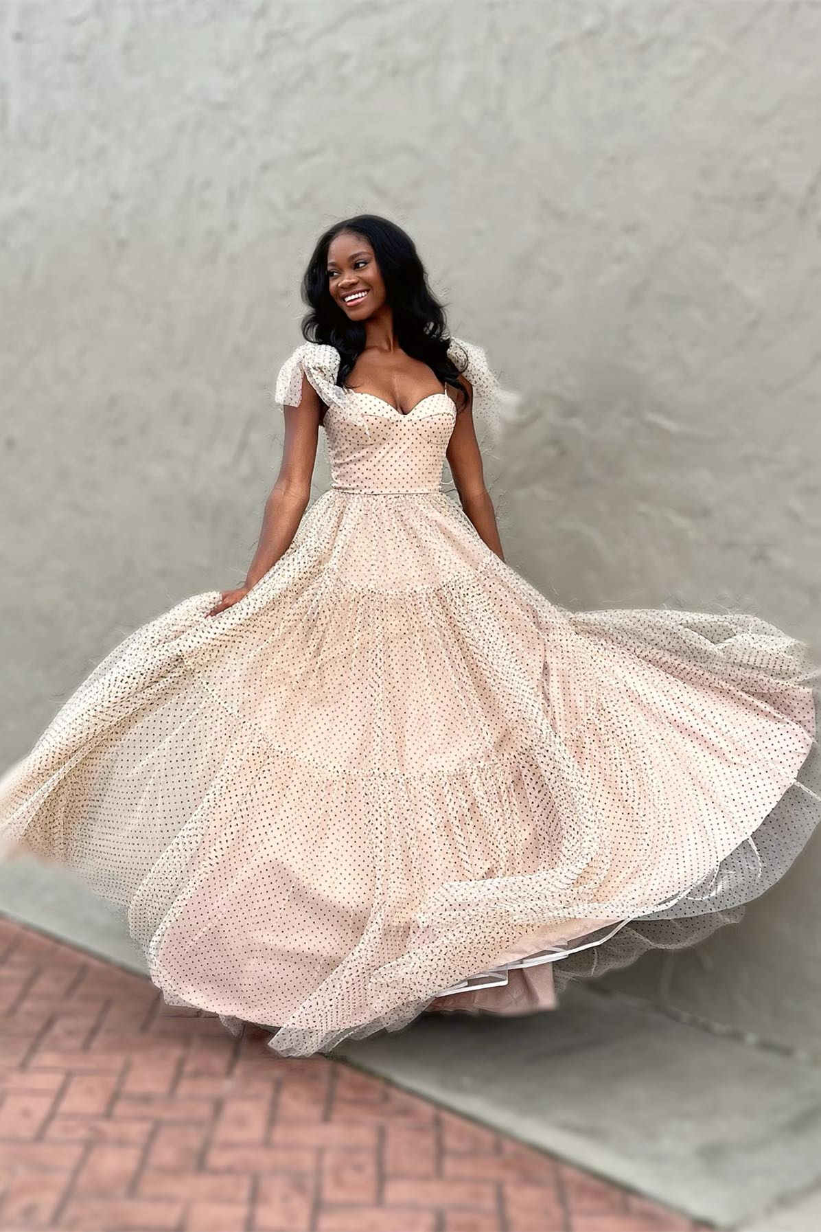 A-Line Floor Length  Swiss Dot Tulle Prom Dress with Bow Tie