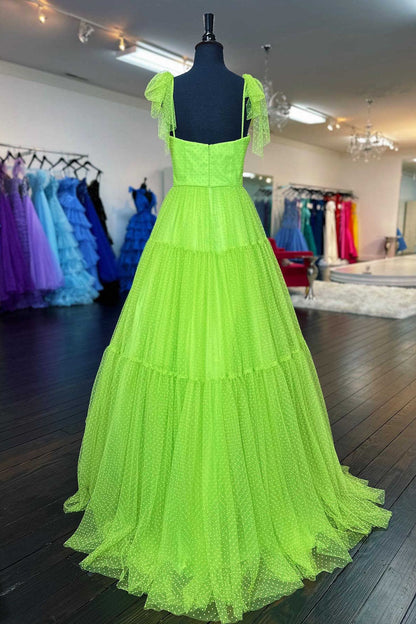 A-Line Floor Length  Swiss Dot Tulle Prom Dress with Bow Tie