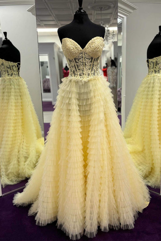 Sweep/Brush Train Dresses Layers Yellow Lace Corset Tiered Tulle Prom Dress