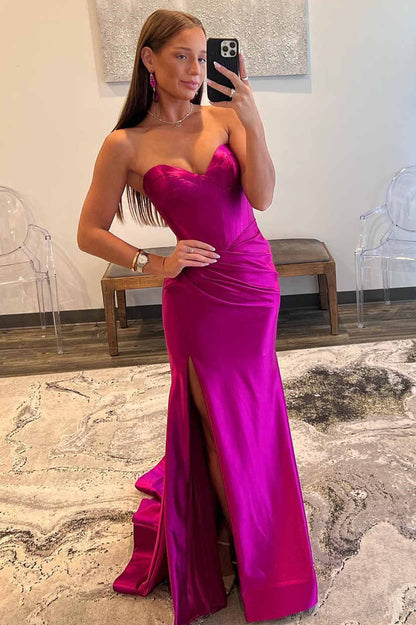 Sheath Sweep/Brush Train Dresses Fuchsia Pleated Mermaid Long Prom Dress