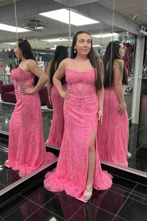 Sweep/Brush Train Dresses Strapless Lace Corset Mermaid Slit Long Prom Dress