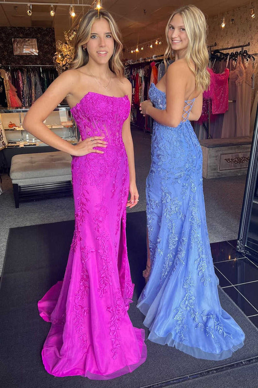 Sweep/Brush Train Dresses Strapless Lace Corset Mermaid Slit Long Prom Dress