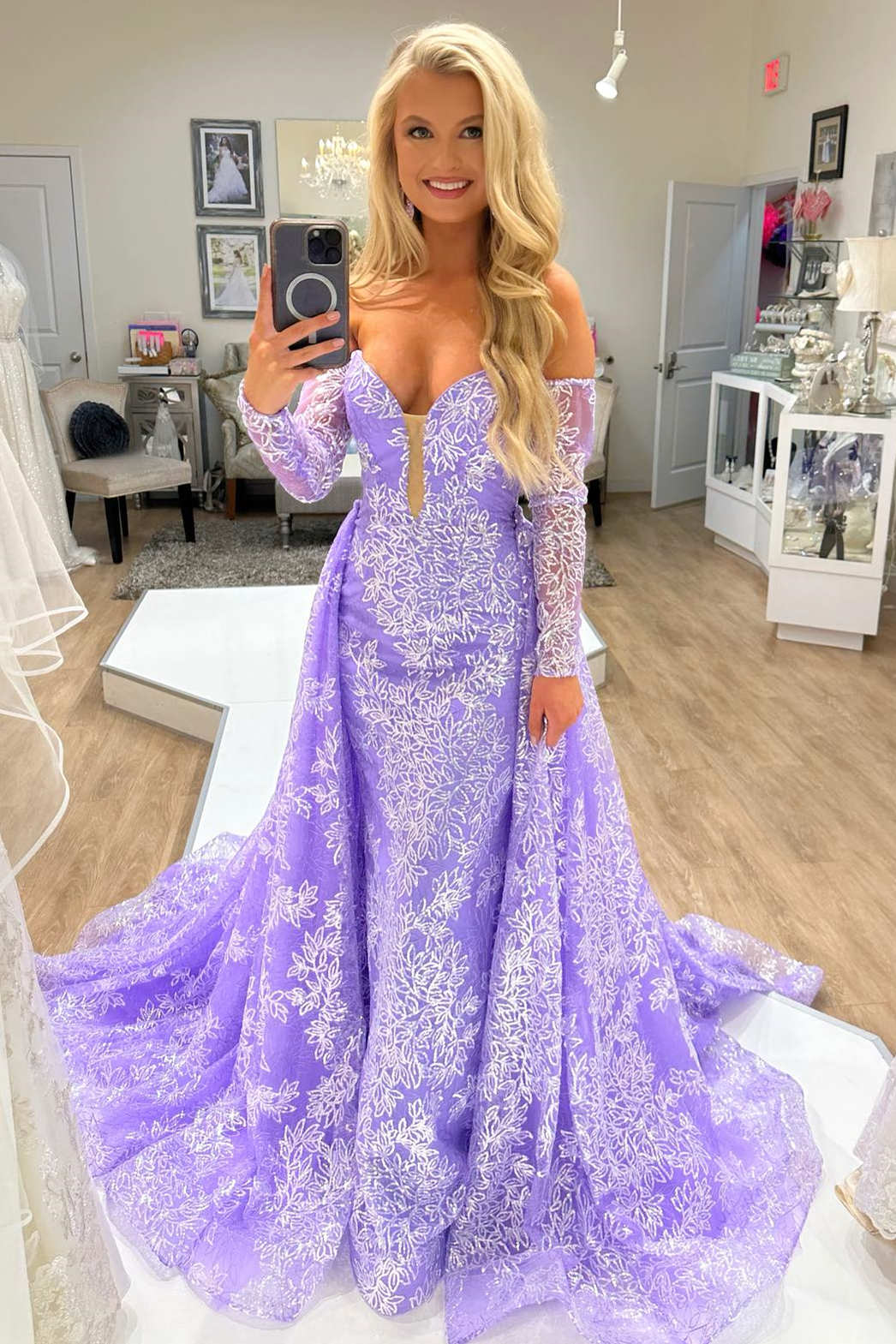 Sweep/Brush Train Dresses Lilac Strapless Tulle Prom Dress with Detachable Sleeves