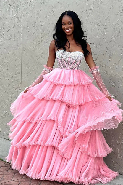 Sweep/Brush Train Dresses Tiered Strapless White Beaded Top Ruffled Layers Long Prom Dress