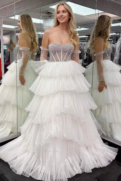 Sweep/Brush Train Dresses Tiered Strapless White Beaded Top Ruffled Layers Long Prom Dress