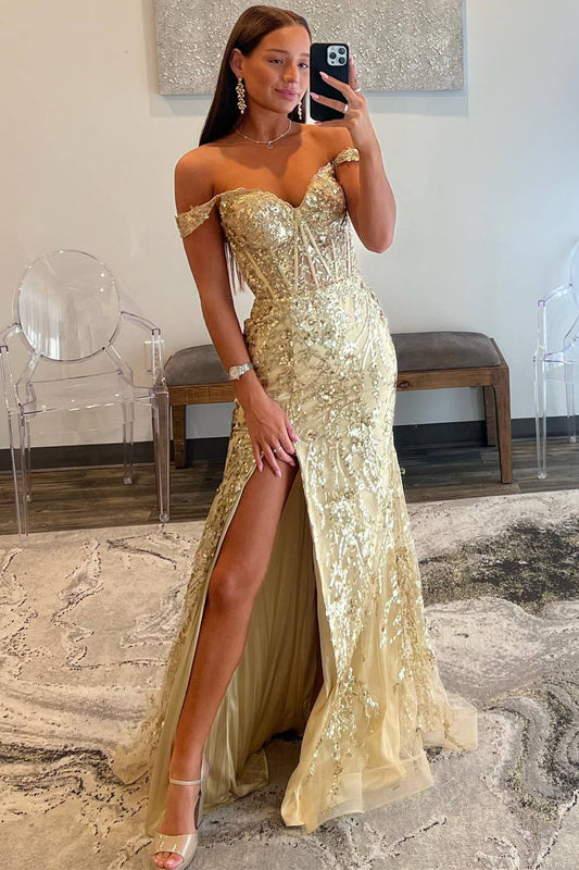 Sweep/Brush Train Dresses Off the Shoulder Gold Sequin Corset Mermaid Prom Dress with Slit