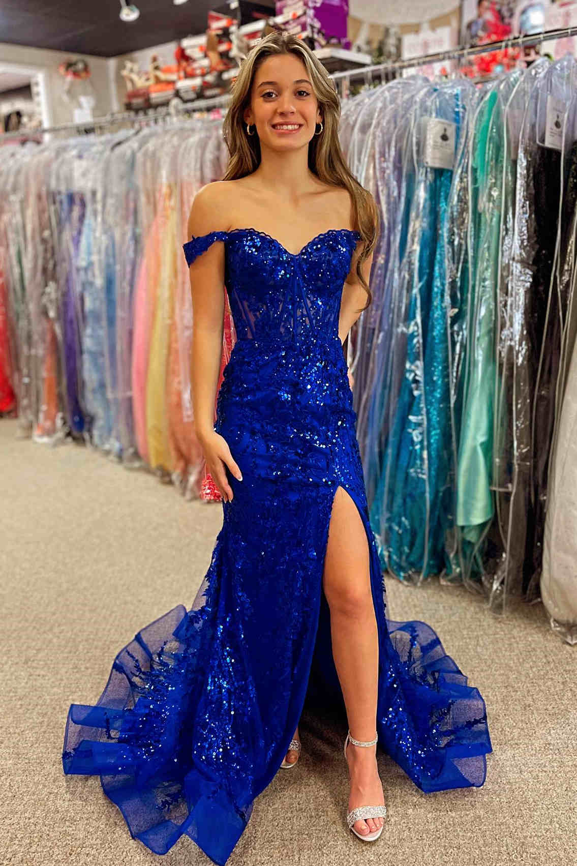 Sweep/Brush Train Dresses Off the Shoulder Gold Sequin Corset Mermaid Prom Dress with Slit