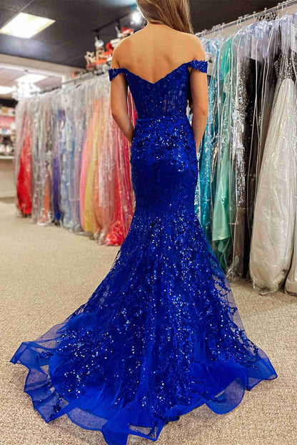 Sweep/Brush Train Dresses Off the Shoulder Gold Sequin Corset Mermaid Prom Dress with Slit
