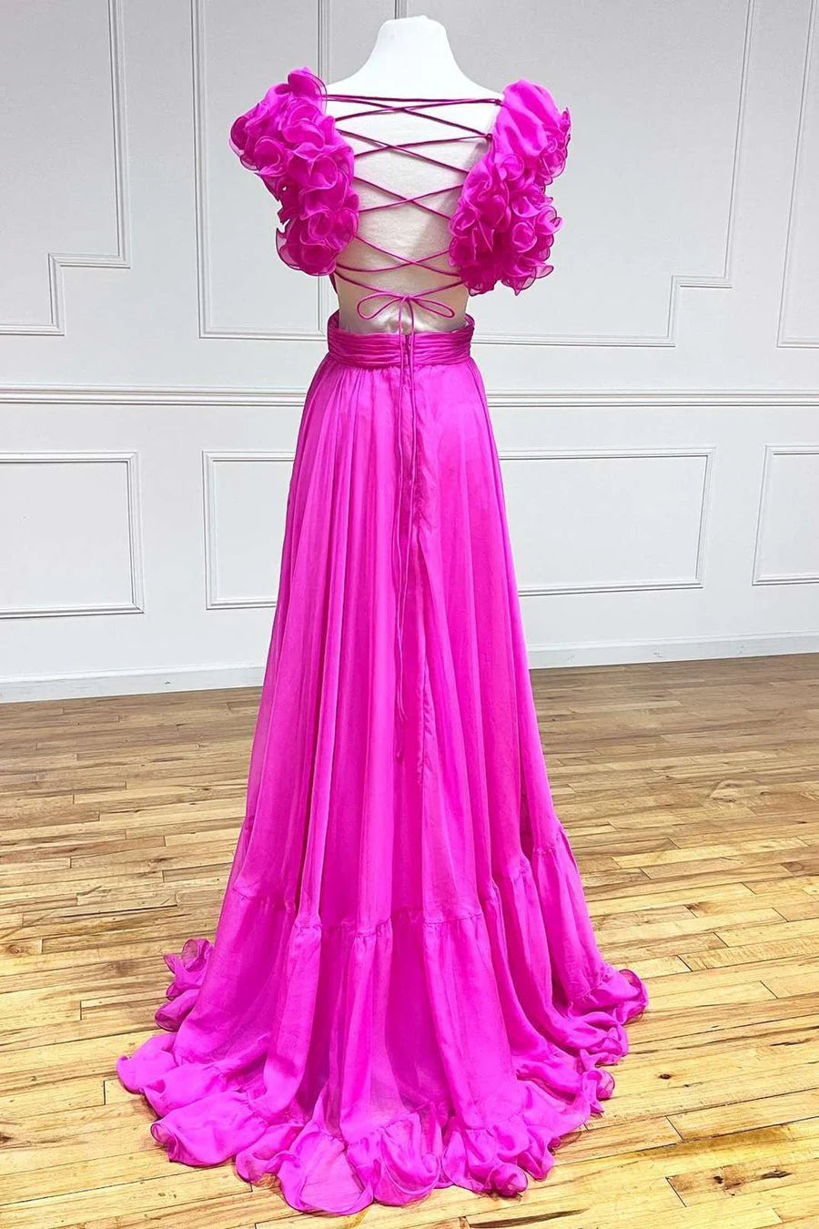 Floor Length  Lace-Up Fuchsia V-Neck Ruffle Pleated Long Prom Dress
