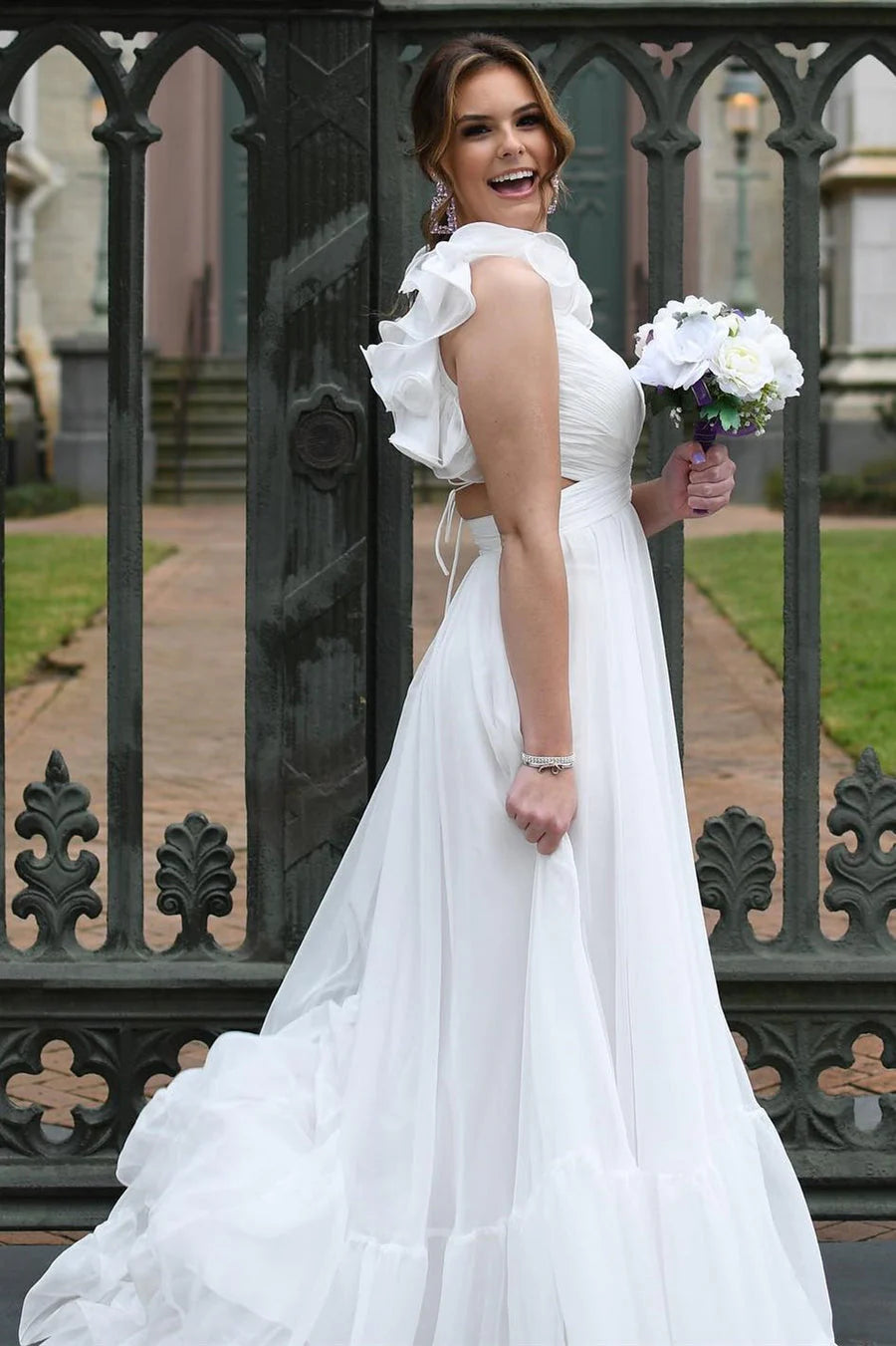 Floor Length  Lace-Up Fuchsia V-Neck Ruffle Pleated Long Prom Dress