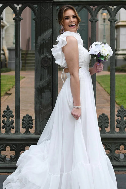 Floor Length  Lace-Up Fuchsia V-Neck Ruffle Pleated Long Prom Dress