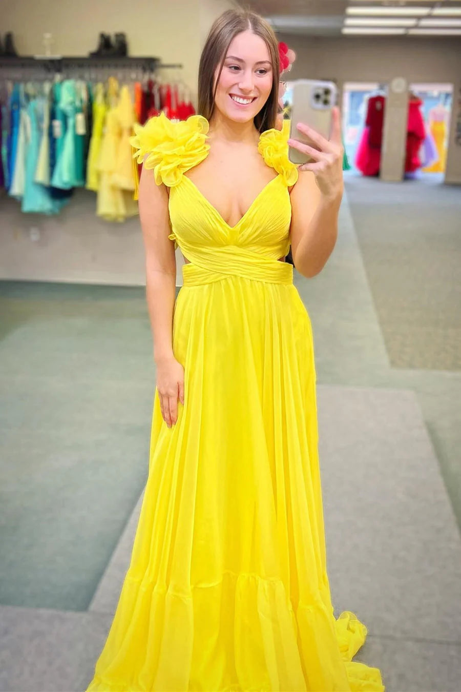 Floor Length  Lace-Up Fuchsia V-Neck Ruffle Pleated Long Prom Dress