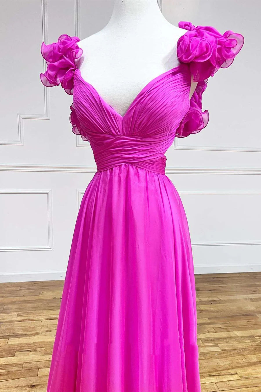 Floor Length  Lace-Up Fuchsia V-Neck Ruffle Pleated Long Prom Dress