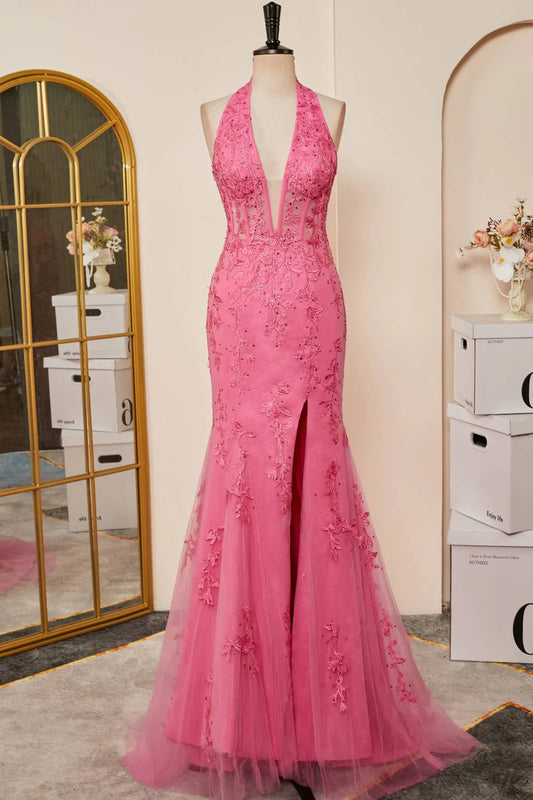 Sweep/Brush Train Dresses Sheath Halter Neck  Lace Corset Slit Long Prom Dress with Appliques
