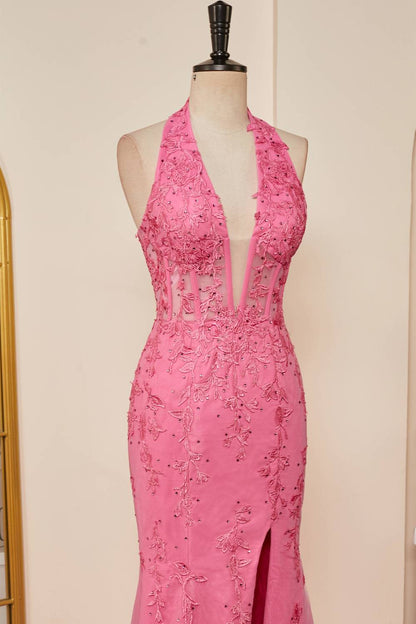 Sweep/Brush Train Dresses Sheath Halter Neck  Lace Corset Slit Long Prom Dress with Appliques