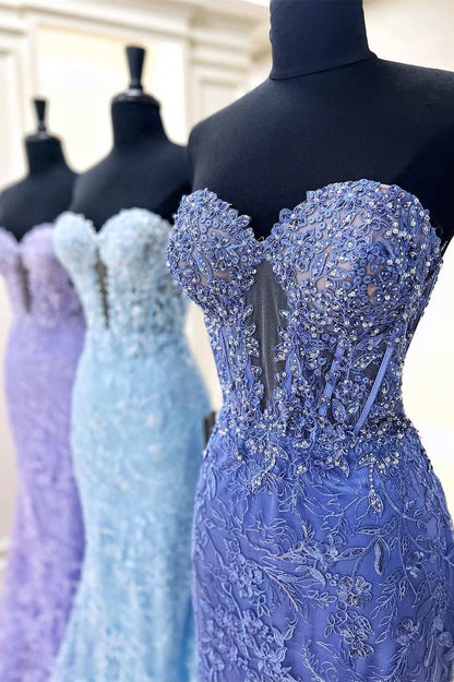 Sheath Mermaid Sweetheart Brush Train Dresses Periwinkle Keyhole  Prom Dress with Appliques
