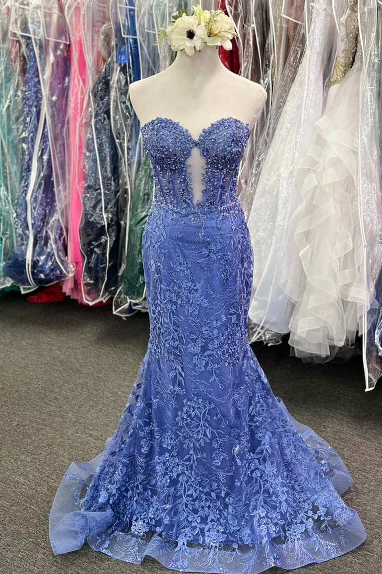 Sheath Mermaid Sweetheart Brush Train Dresses Periwinkle Keyhole  Prom Dress with Appliques