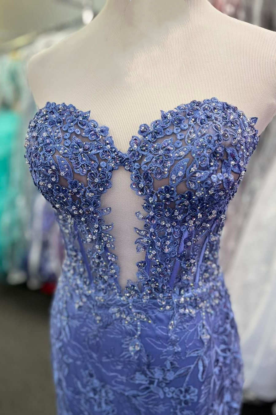 Sheath Mermaid Sweetheart Brush Train Dresses Periwinkle Keyhole  Prom Dress with Appliques