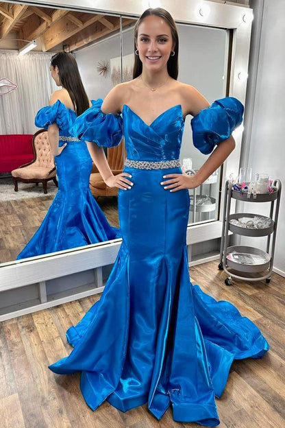 A-Line Mermaid V-Neck Strapless  Sweep/Brush Train Evening Dresses Long Prom Dress With with Jeweled Belt