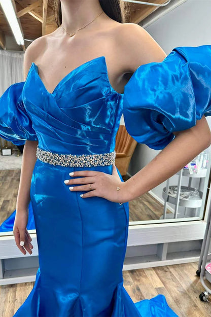 A-Line Mermaid V-Neck Strapless  Sweep/Brush Train Evening Dresses Long Prom Dress With with Jeweled Belt