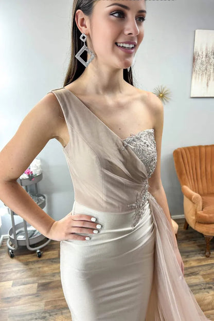 Sheath Mermaid  One Shoulder  Sweep/Brush Train Evening Dresses Nude Appliques Long Prom Dress with Cape