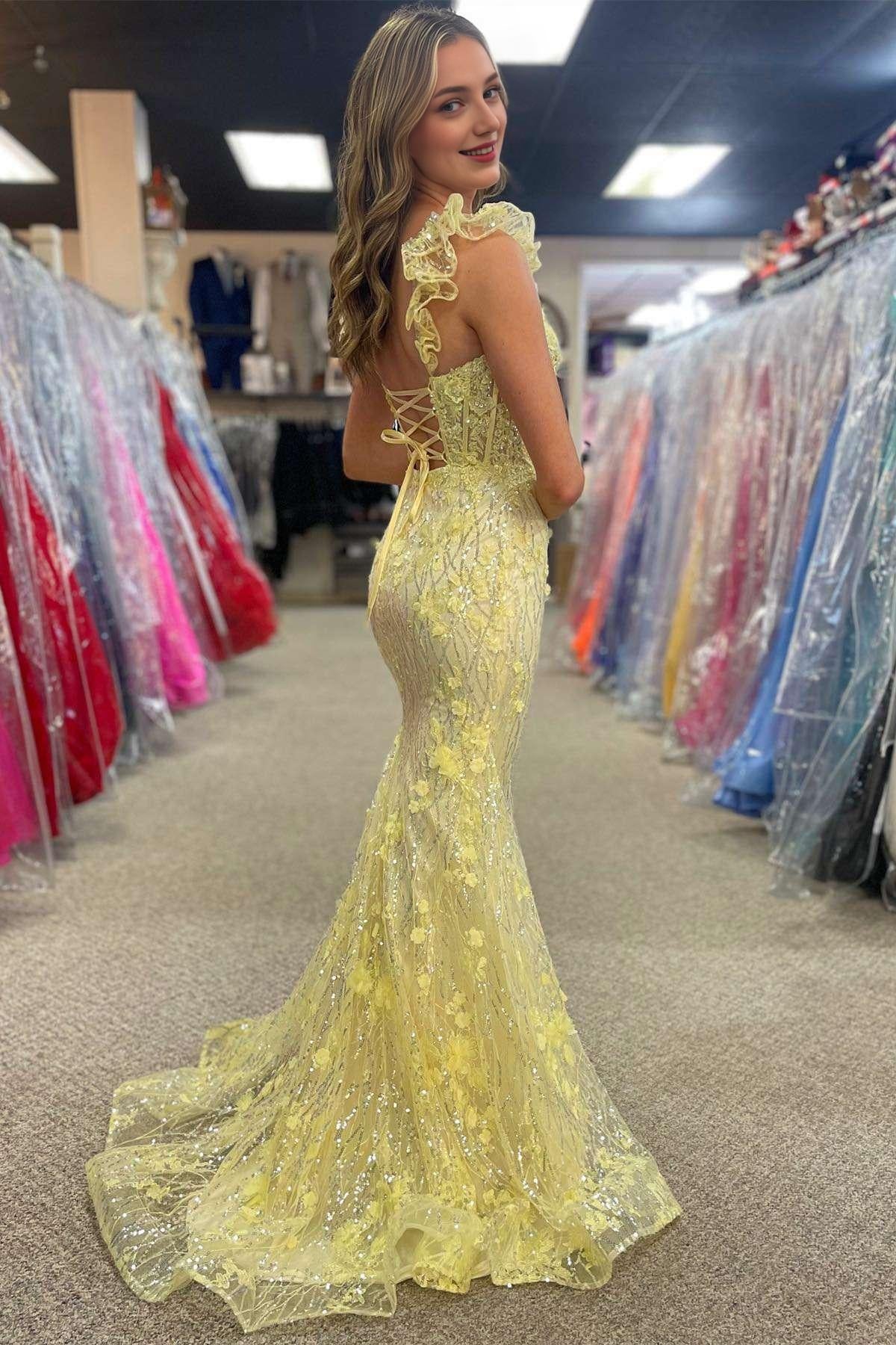 Sheath Mermaid Yellow Brush Train Evening Dresses Ruffle Straps 3D Flower Long Prom Dress