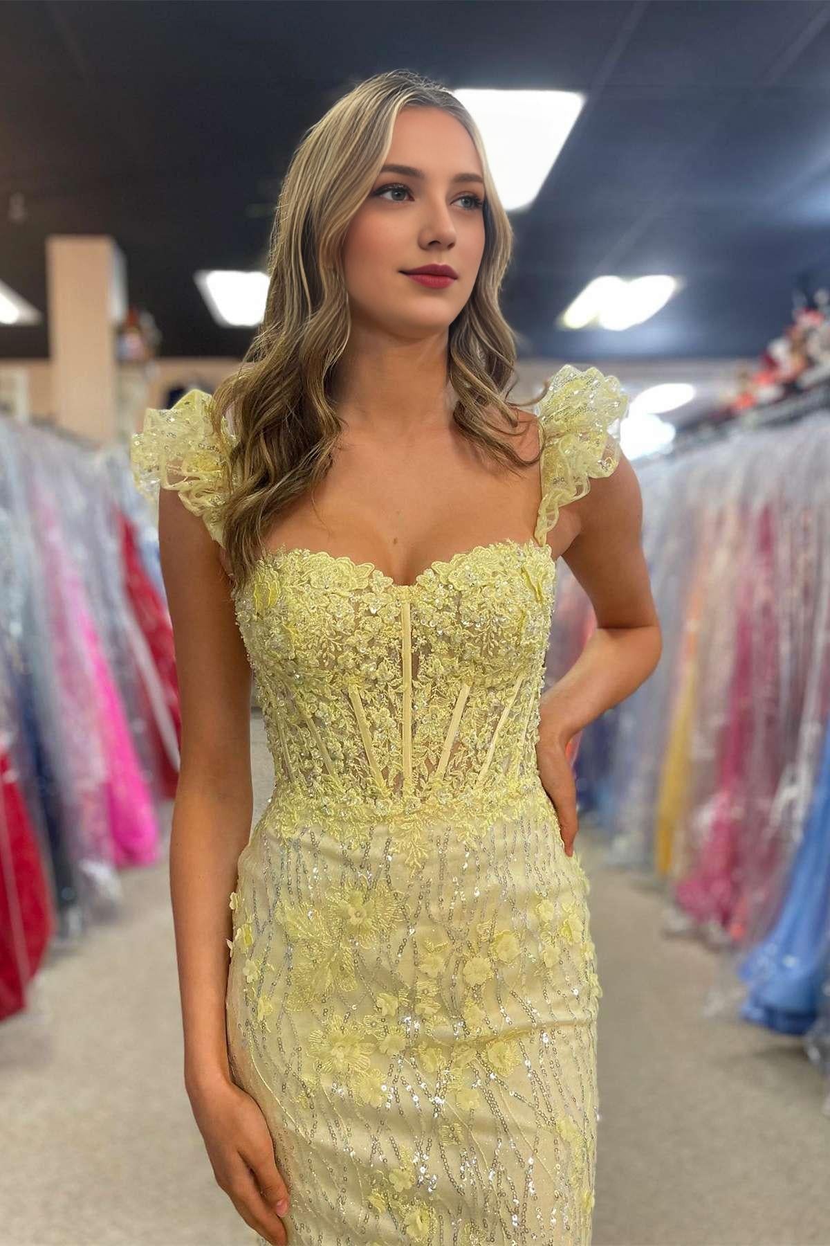 Sheath Mermaid Yellow Brush Train Evening Dresses Ruffle Straps 3D Flower Long Prom Dress