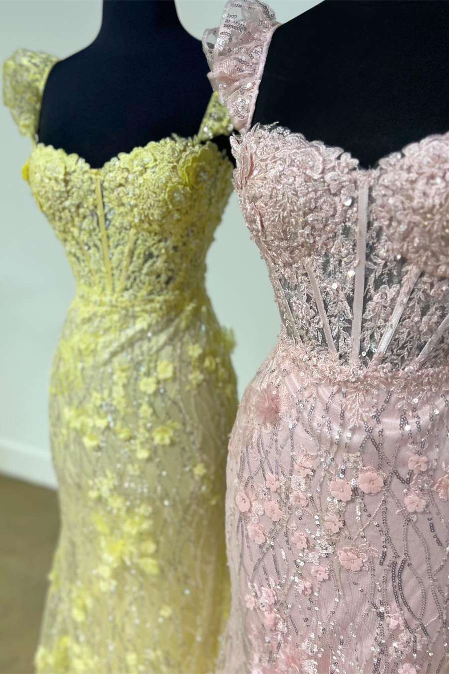 Sheath Mermaid Yellow Brush Train Evening Dresses Ruffle Straps 3D Flower Long Prom Dress