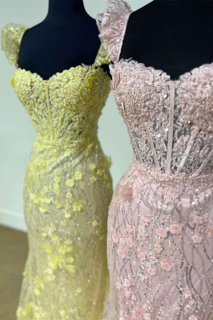 Sheath Mermaid Yellow Brush Train Evening Dresses Ruffle Straps 3D Flower Long Prom Dress