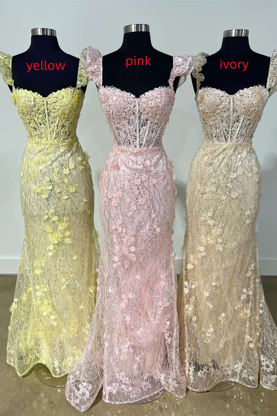 Sheath Mermaid Yellow Brush Train Evening Dresses Ruffle Straps 3D Flower Long Prom Dress