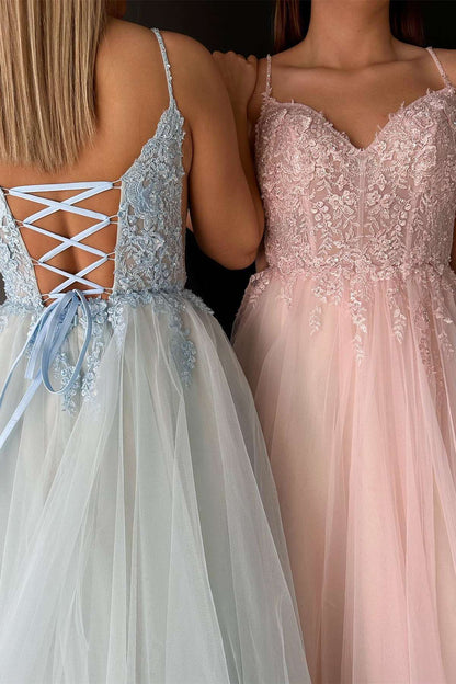 A-Line Spaghetti Straps Brush Train Evening Dresses V Neck Lace-Up Tulle Prom Dress With Appliques