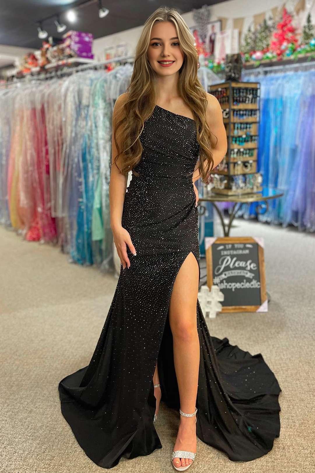 Sheath Mermaid Black One Shoulder Sweep/Brush Train Evening Dresses Beaded Prom Dress with Slit